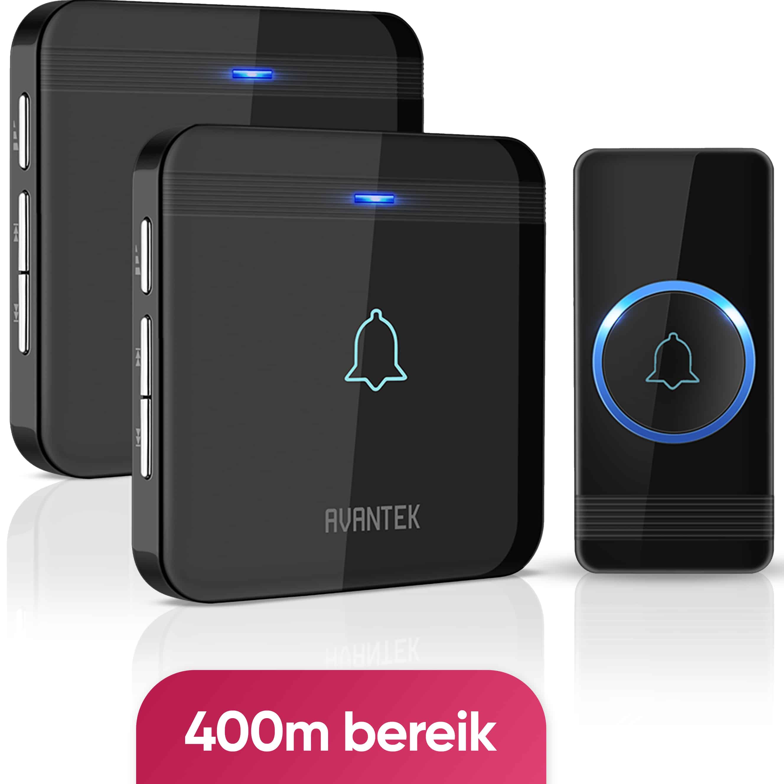 AVANTEK Draadloze deurbel met 2 ontvangers - Bereik 400 meter - Waterdicht - Zonder batterijen - 52 melodieën