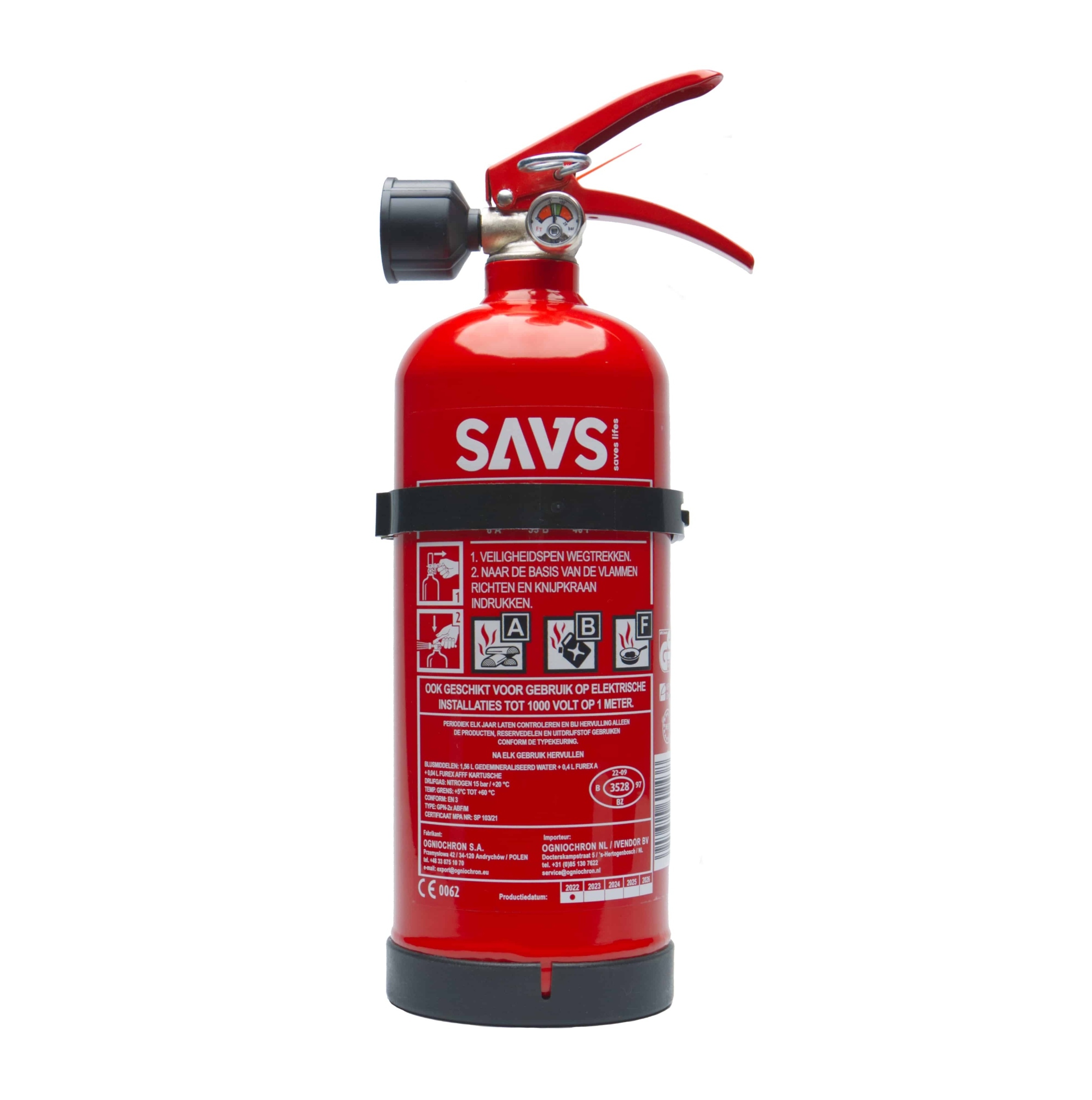 SAVS Brandblusser schuim 2 liter - GPN-2x ABF/M - Blusrating 8A 55B 40F - Geschikt voor keukens (F)