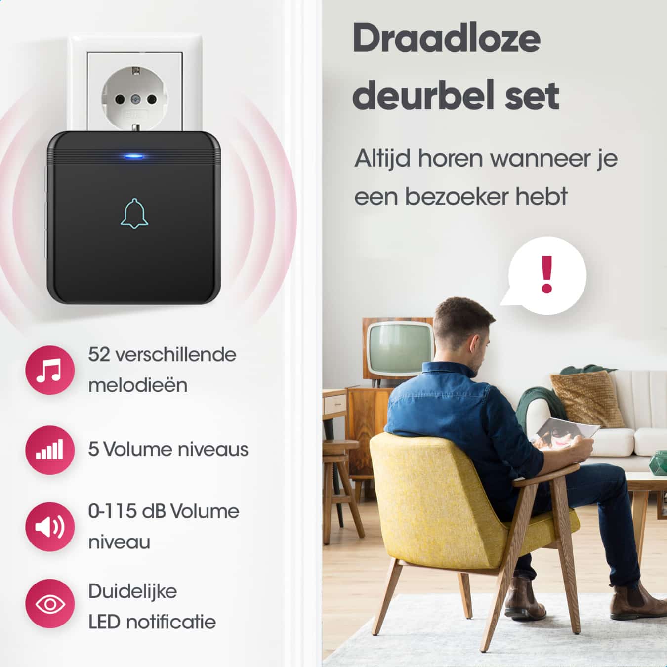 AVANTEK D-3G Draadloze deurbel met 1 ontvanger - Zwart -