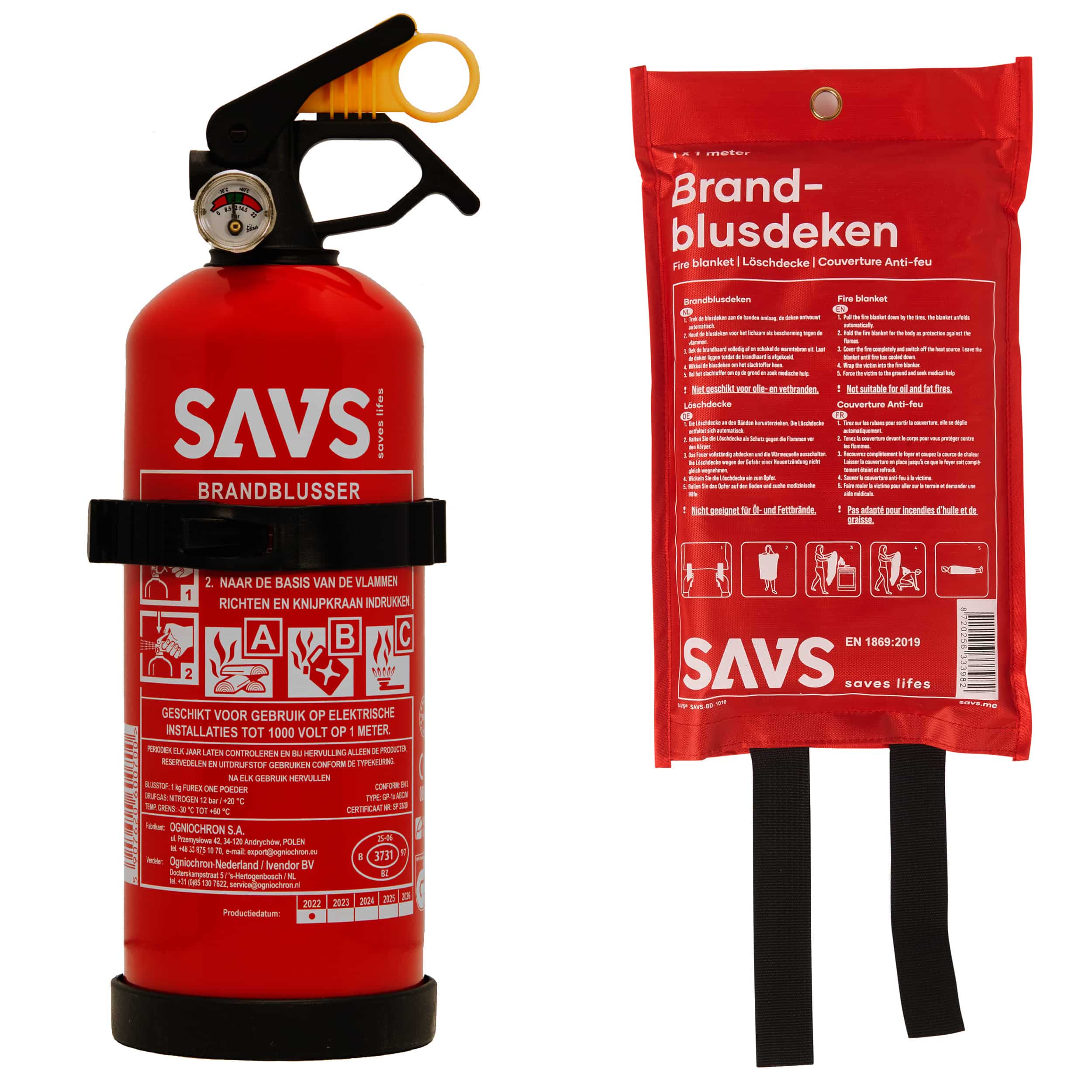 SAVS® Brandblus box - Brandblusser poeder 1 kg + Blusdeken 1 m x 1 m