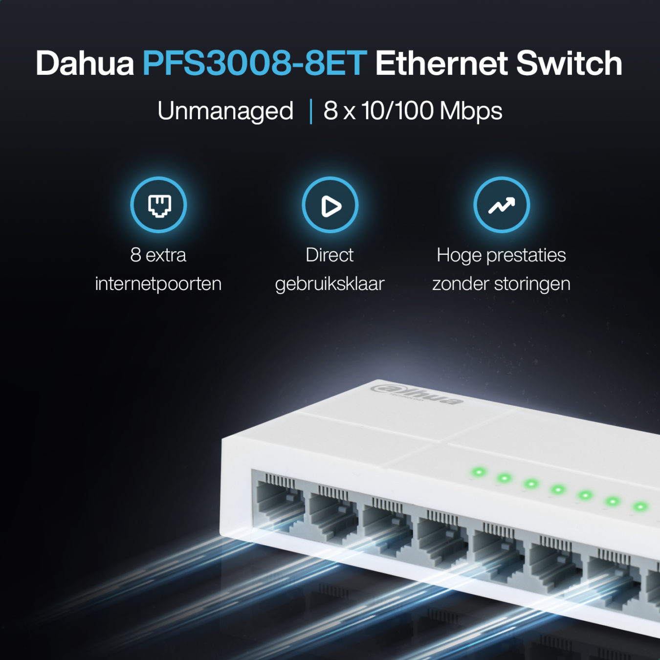 Koop Dahua Ethernet Switch - 8 Poorten - 10 / 100 Mbps - Kunststof