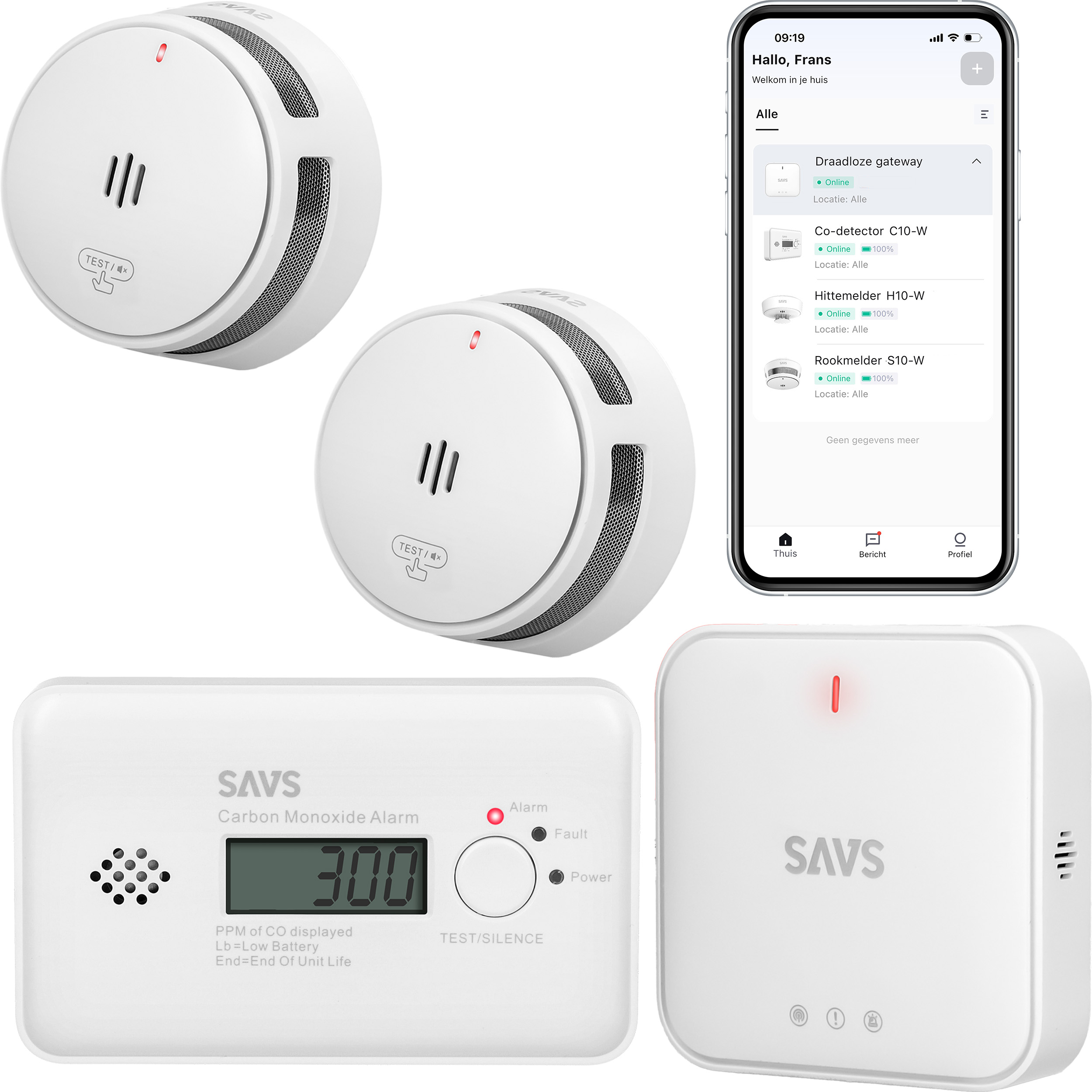 SAVS LinkSmart bundel - 2 Rookmelders, 1 Koolmonoxidemelder en Base Station