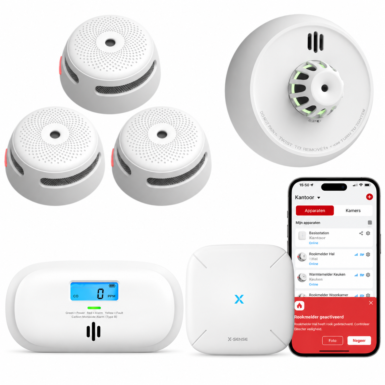X-Sense Link+ Pro bundel - 3 Rookmelders, 1 Koolmonoxidemelder, 1 Hittemelder en Base Station | X-SenseX-Sense CO-melder